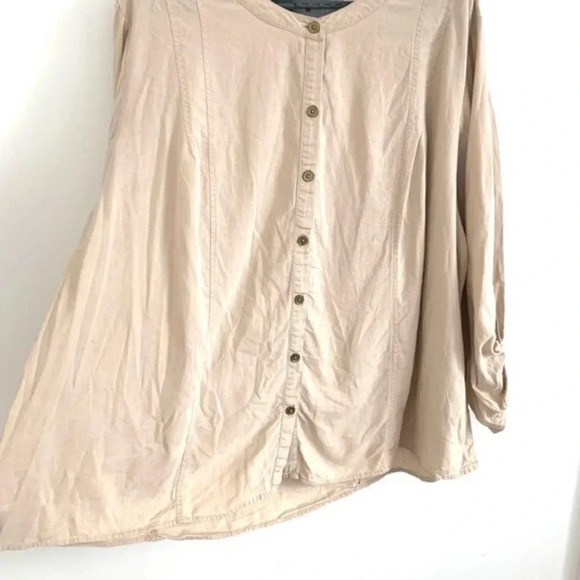 Beige Button Up Blouse Womens Linen Roll Tab Sleeve Minimalist Office 2X-3X - Picture 5 of 6